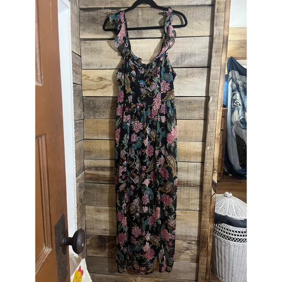 Xhilaration Dresses & Skirts - Xhilaration Womens Floral Paisley Maxi Dress Black Pink Ruffle Strap Size Medium